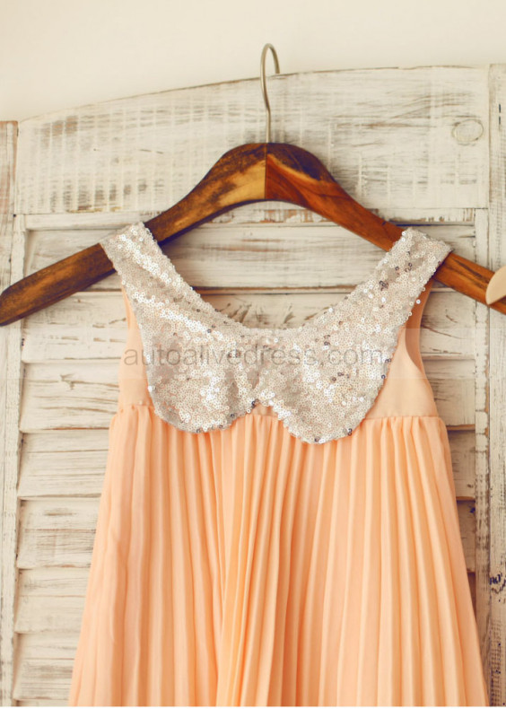 Peter Pan Champagne Sequin Collar Peach Pleated Chiffon Flower Girl Dress Peter Pan Champagne Sequin Collar Peach Pleated Chiffon Flower Girl Dress